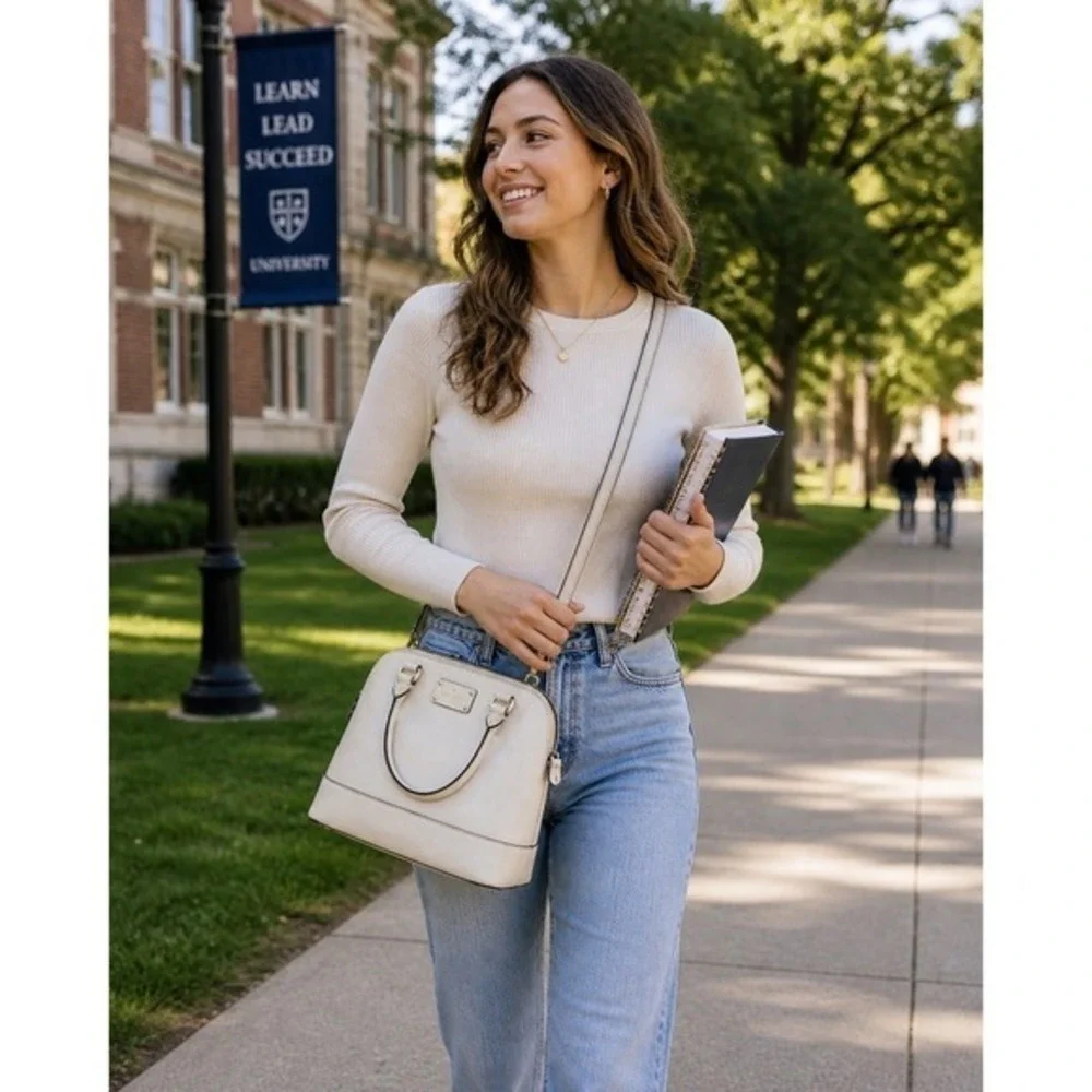 Kate Spade Designer Bag Cream Pebbled Leather Satchel Crossbody Cedar Street